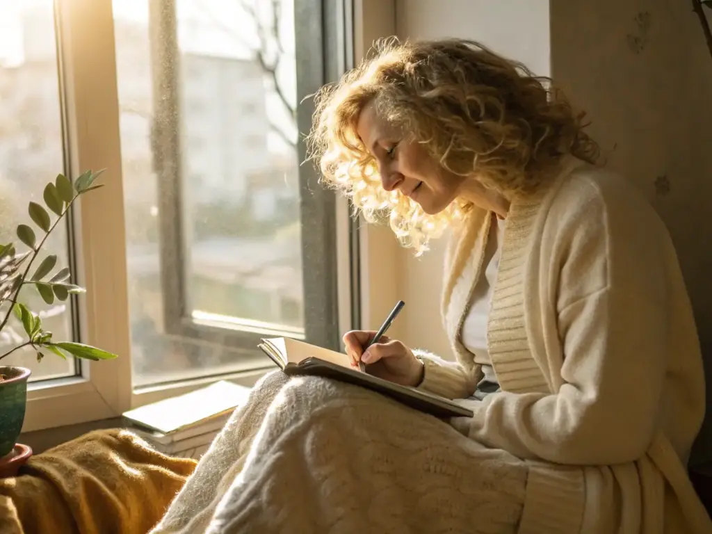 Femme écrivant à la fenêtre pour une meilleure gestion du stress